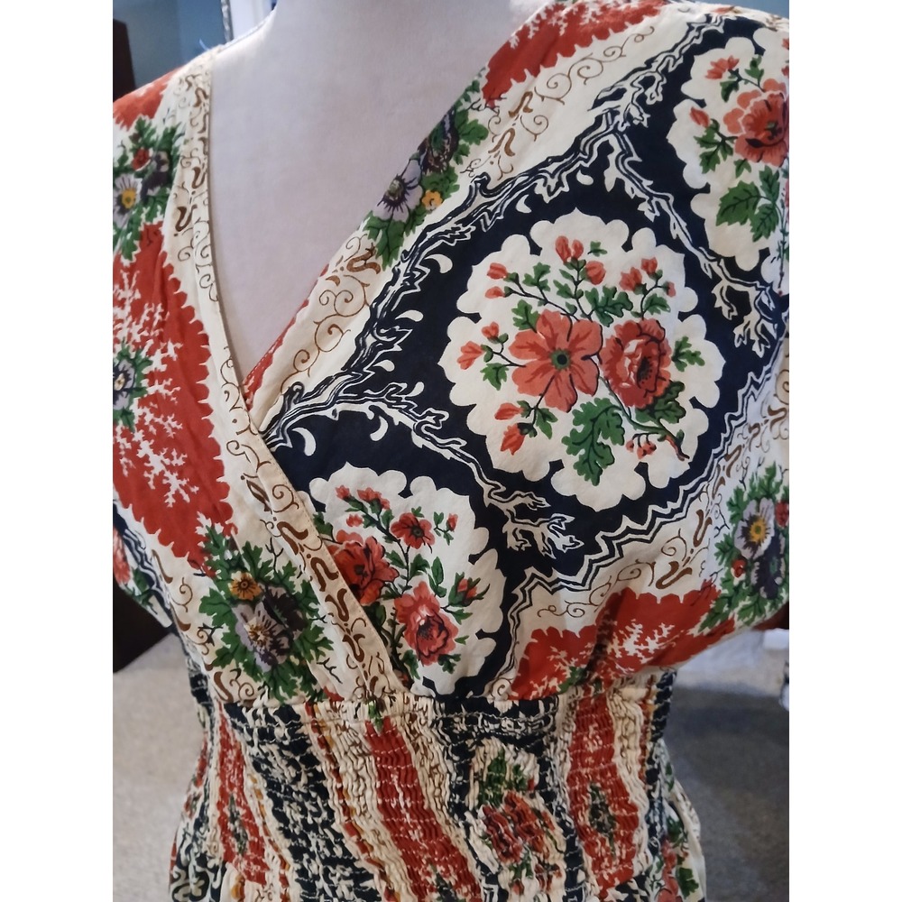 J. Peterman Womens 12 Cotton Floral Paisley Smocked Waist Midi Dress Red Black - Picture 2 of 12